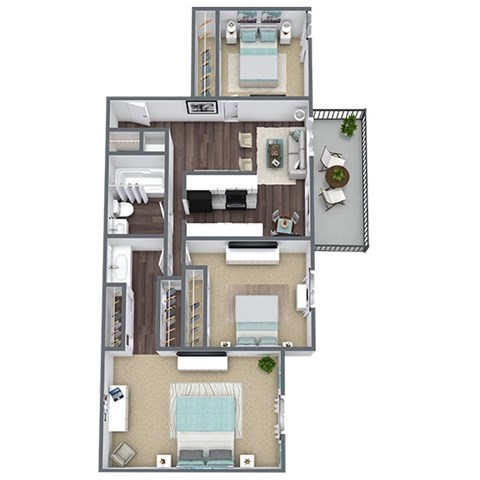 Floor plan for 3 beds, 1 bath, 1024 sqft